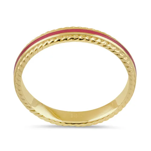 Solid 14K Gold Pink Enamel Rope Band Ring