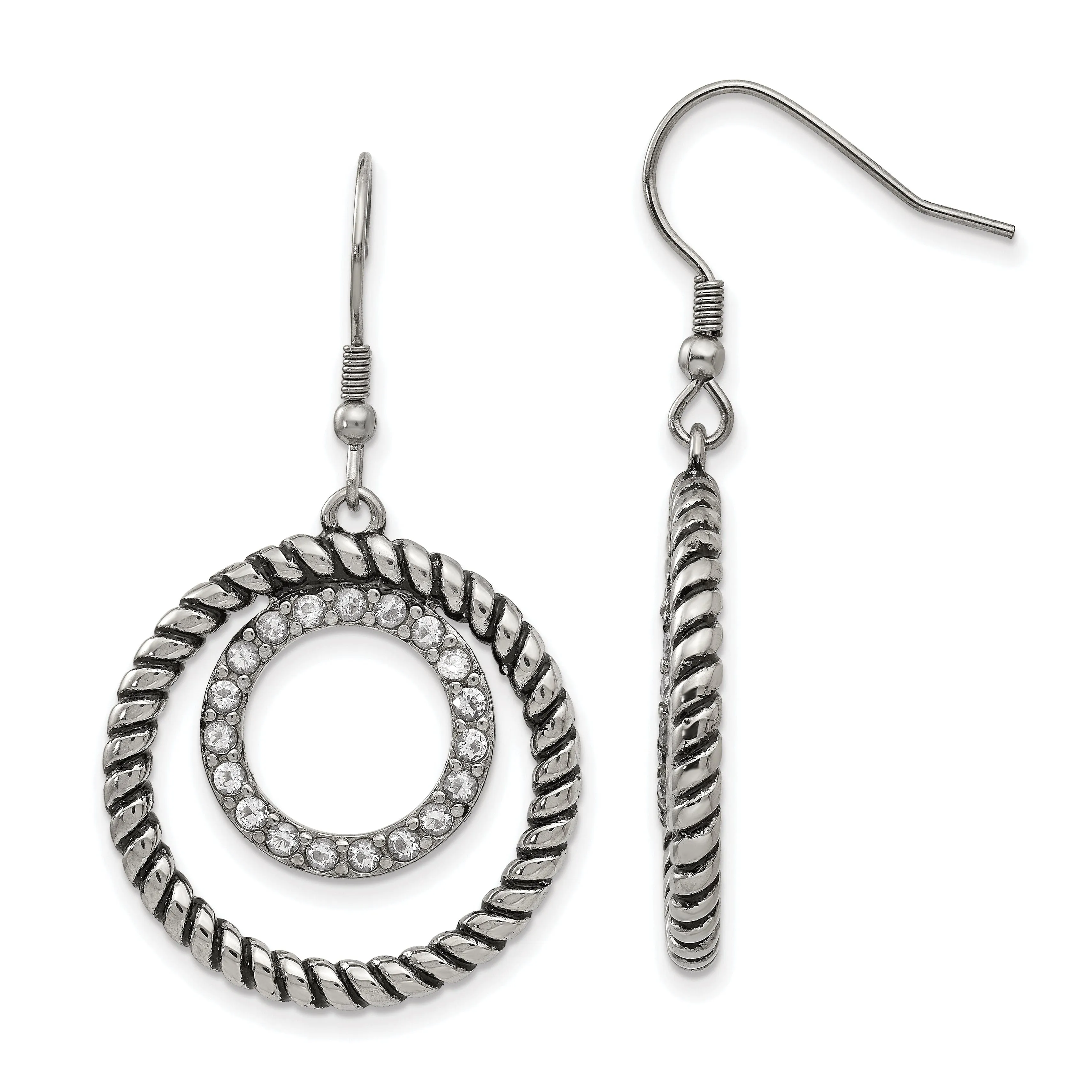Stainless Antiqued C.Z Circle Dangle Earrings
