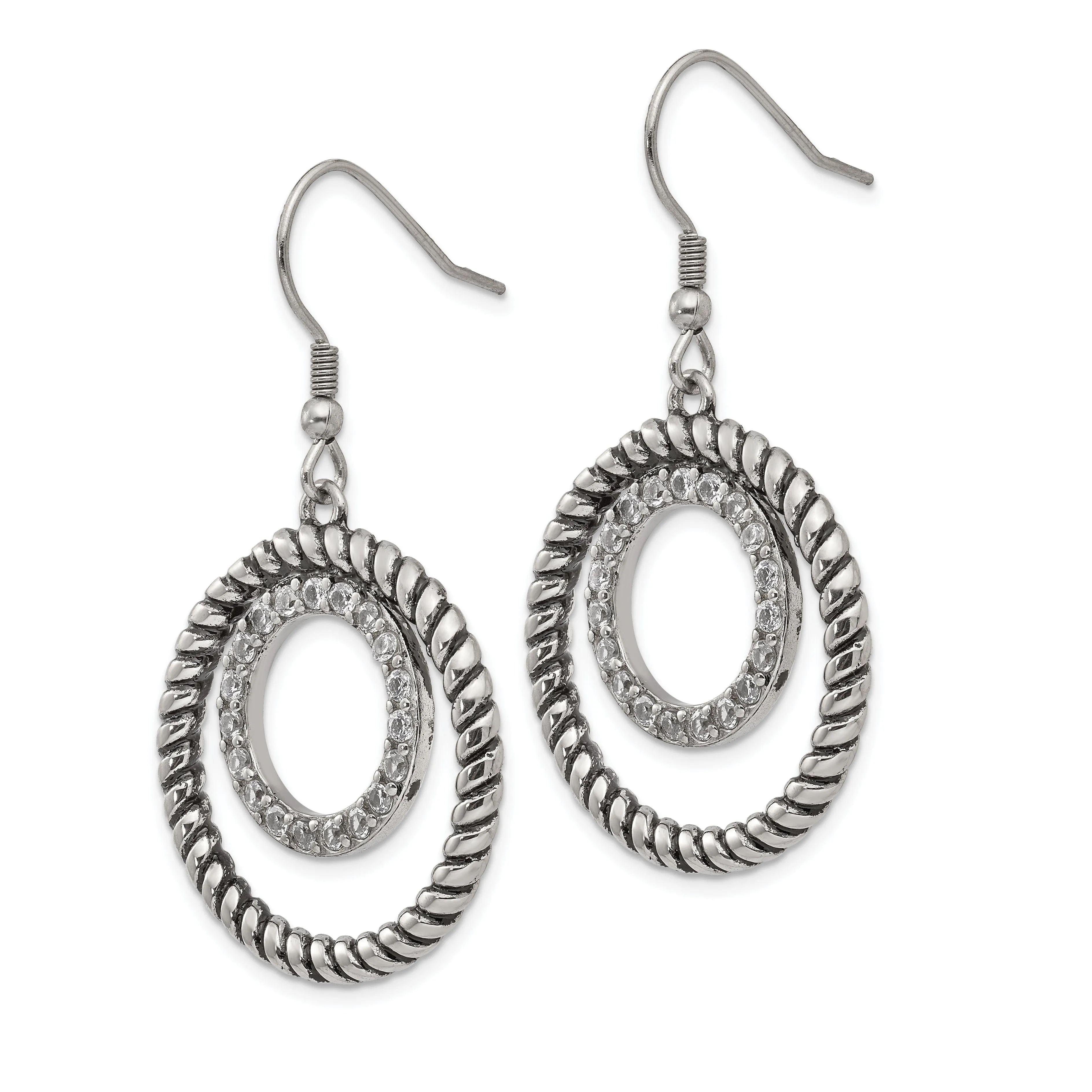 Stainless Antiqued C.Z Circle Dangle Earrings