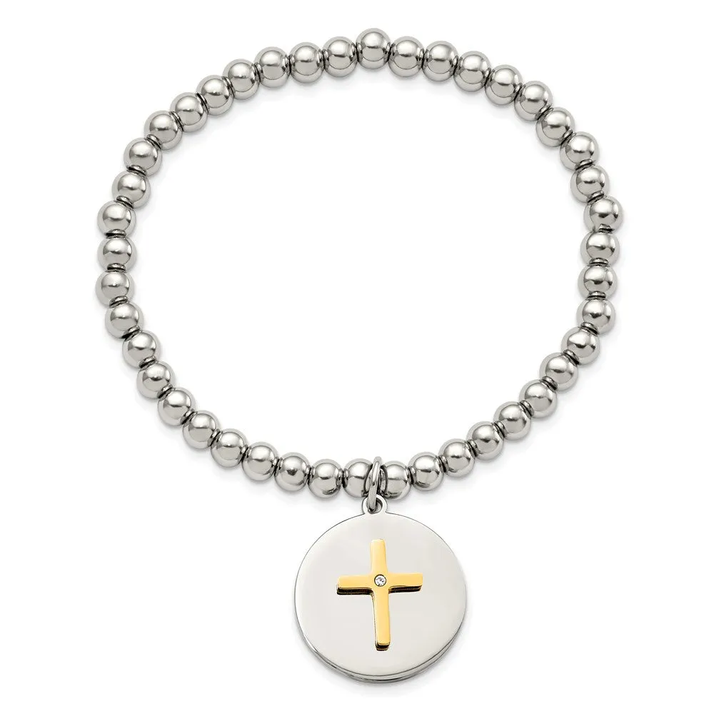 Stainless Steel Polished Yellow IP Cross w/Crystal FAITH Stretch Bracelet