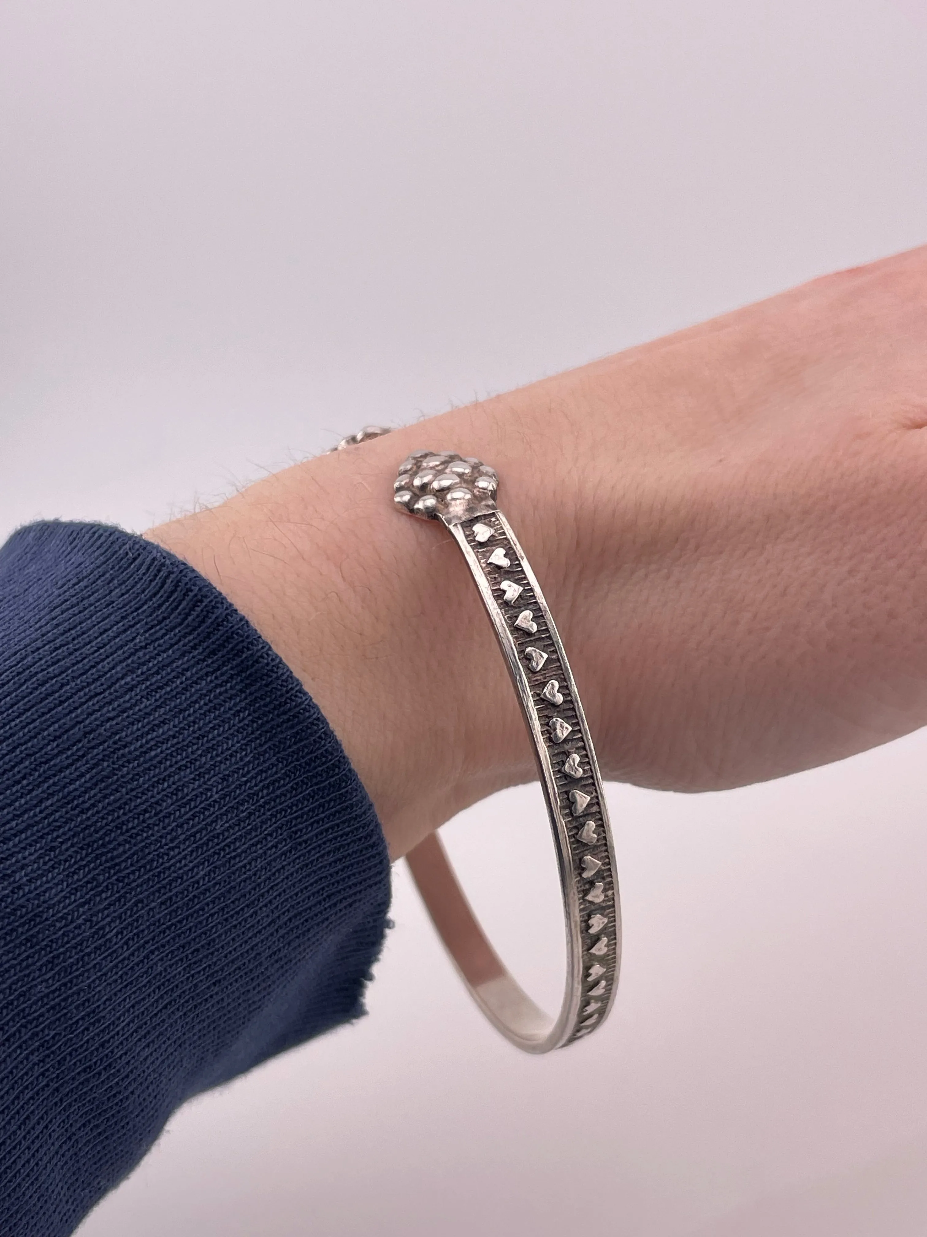 sterling silver 8-5/8" heart open arm cuff bangle bracelet