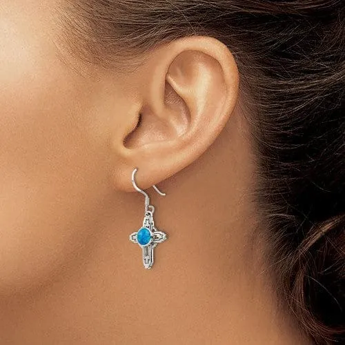 Sterling Silver Antiqued Created Opal Cross Dangle