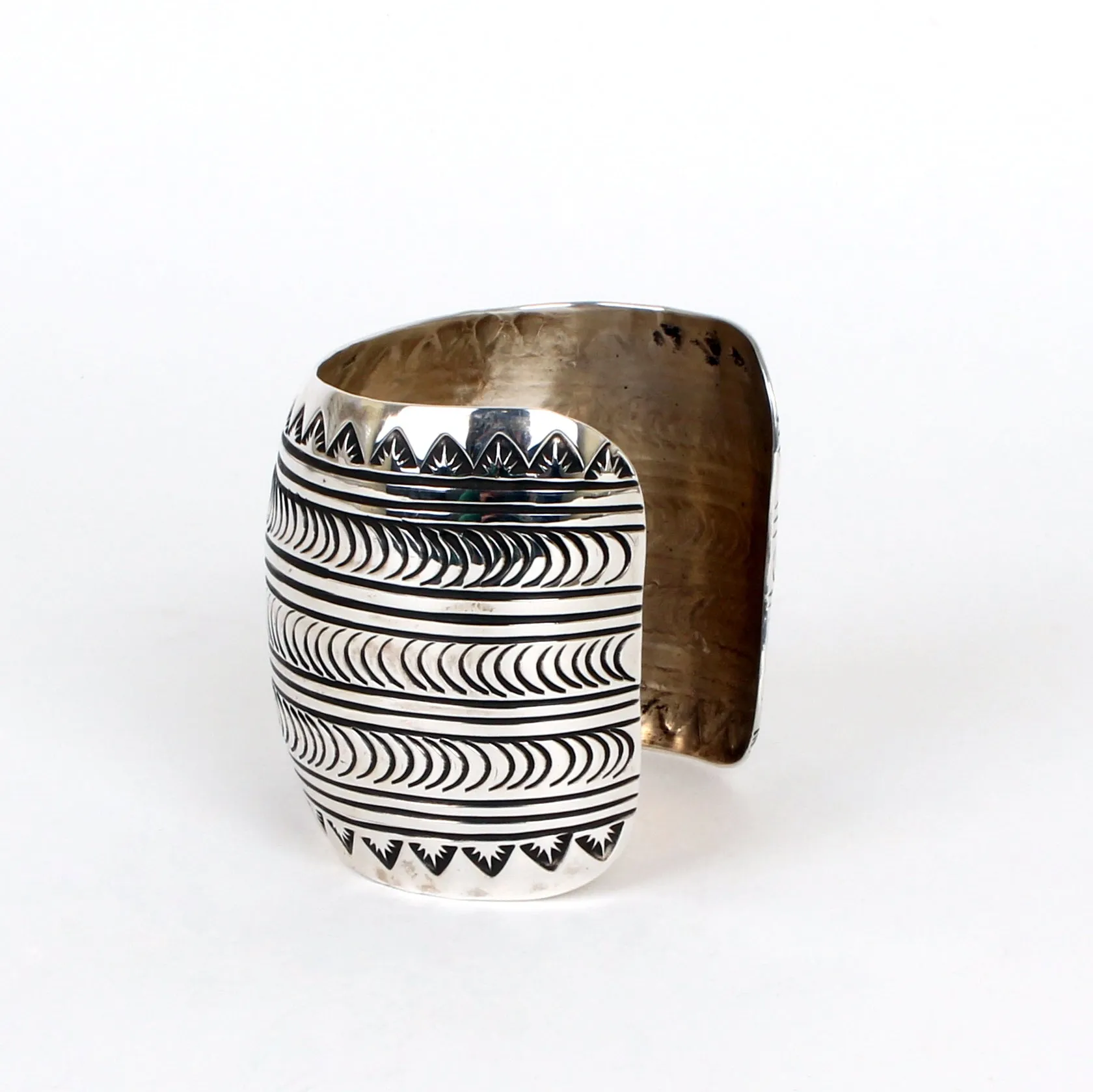 Sterling Silver Jewelry Large Stamped Cuff Bracelet by Navajo Artist Carson Blackgoat