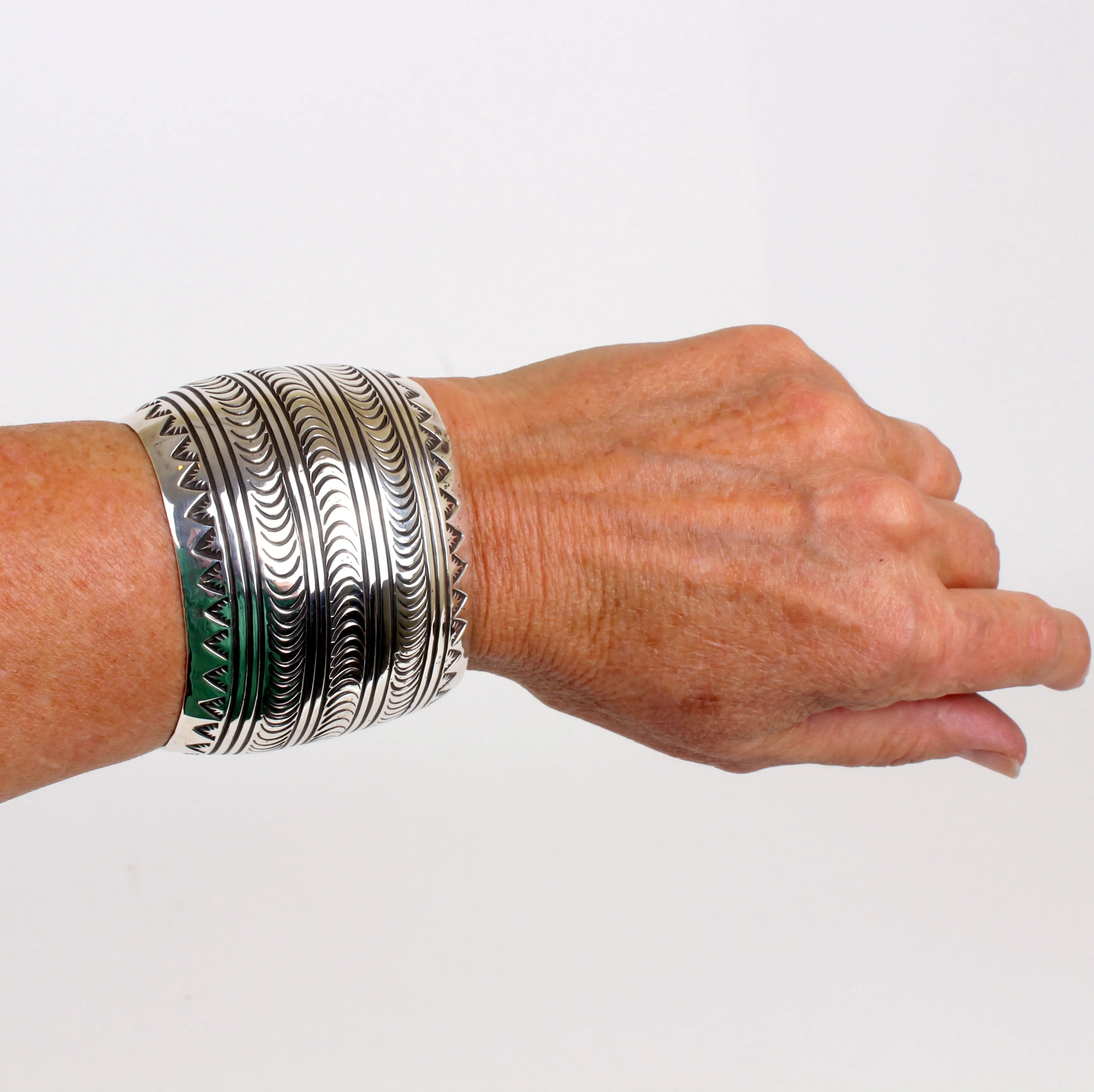 Sterling Silver Jewelry Large Stamped Cuff Bracelet by Navajo Artist Carson Blackgoat