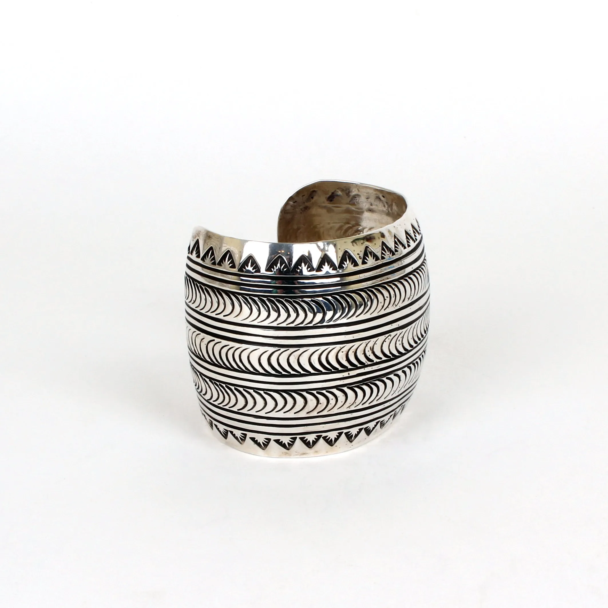 Sterling Silver Jewelry Large Stamped Cuff Bracelet by Navajo Artist Carson Blackgoat