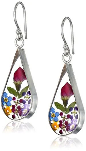 Sterling Silver Multi Pressed Flower Teardrop Earrings