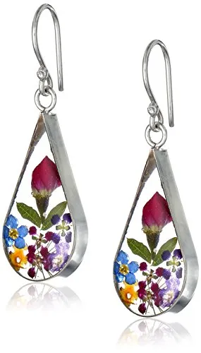 Sterling Silver Multi Pressed Flower Teardrop Earrings