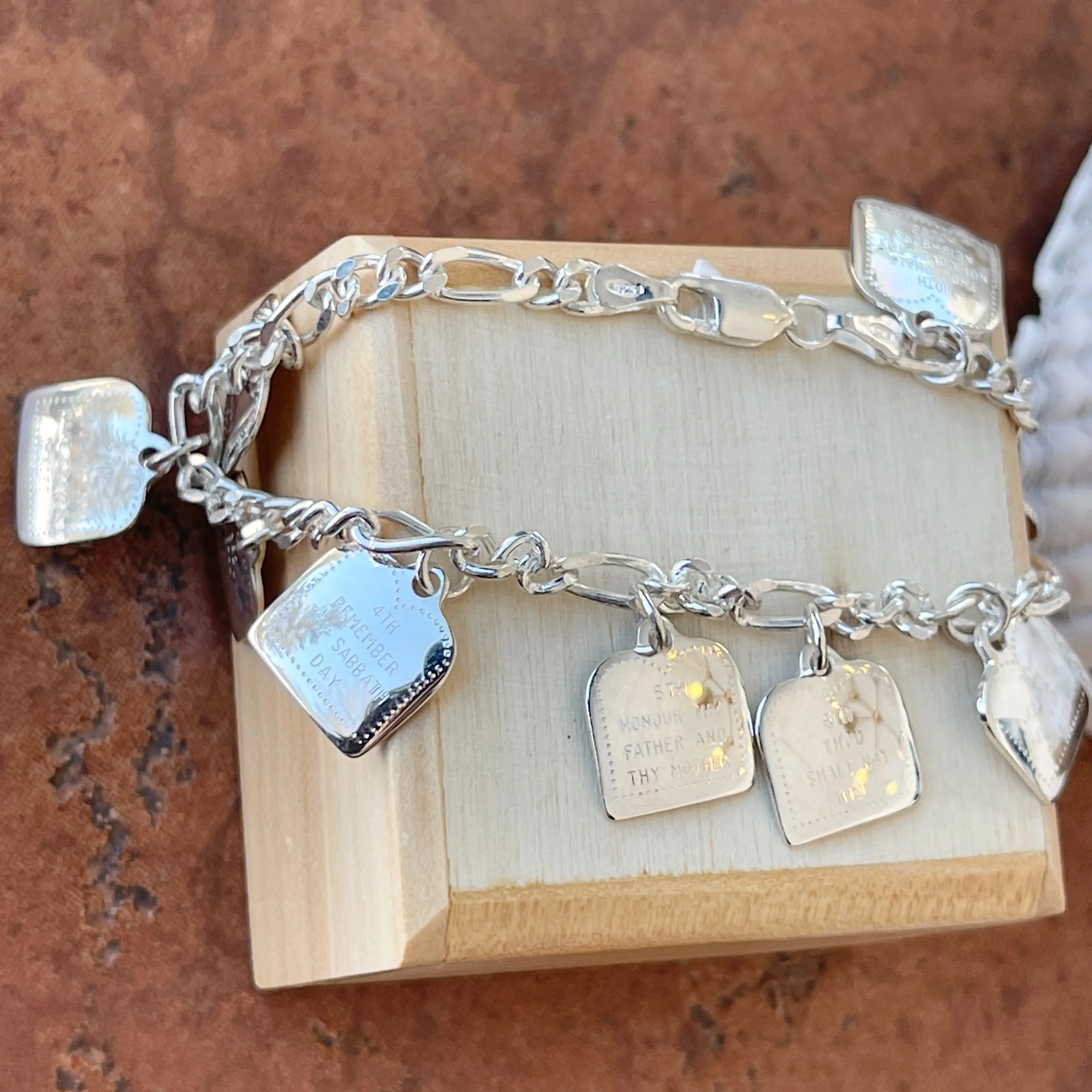 Sterling Silver Polished Ten Commandments Charm Bracelet