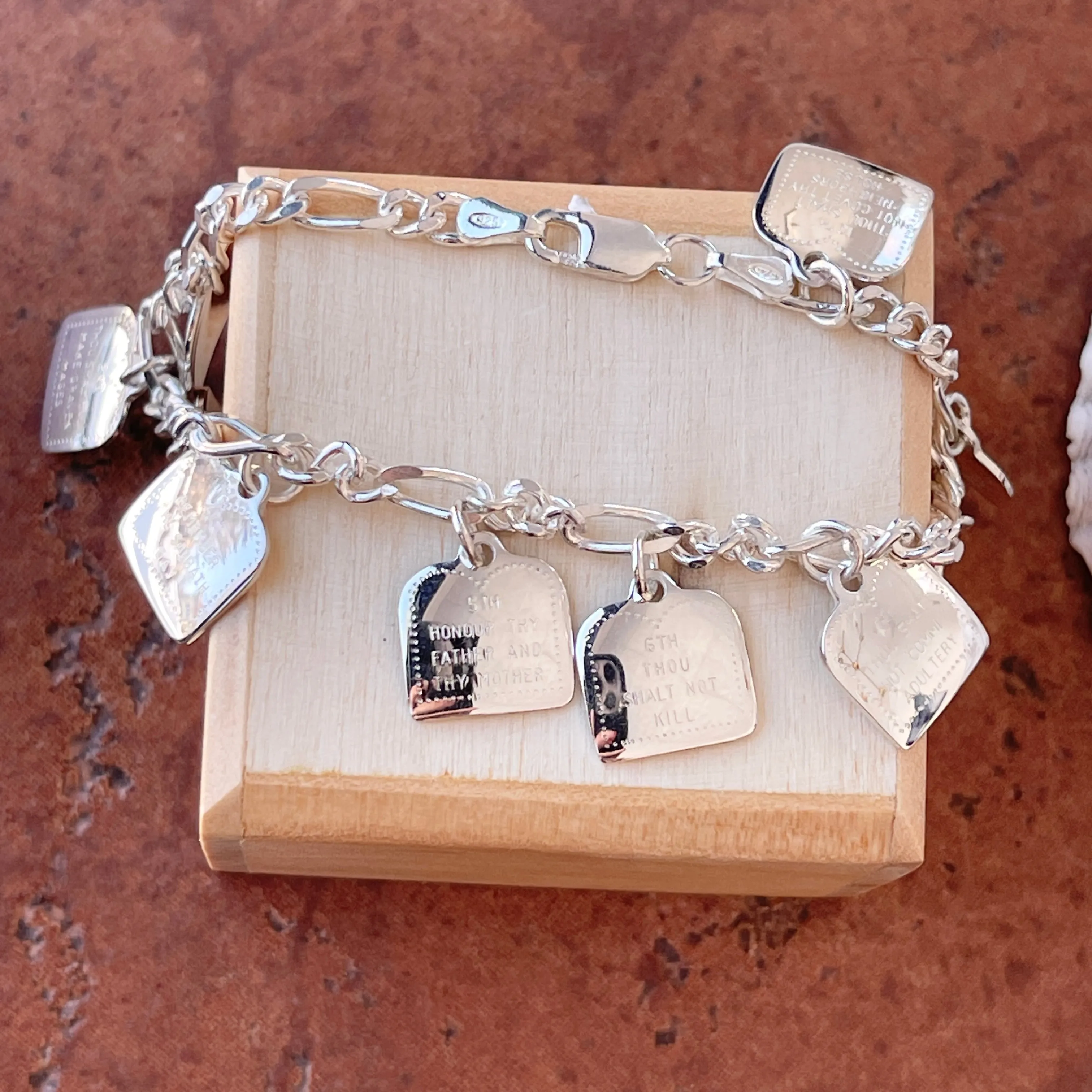 Sterling Silver Polished Ten Commandments Charm Bracelet