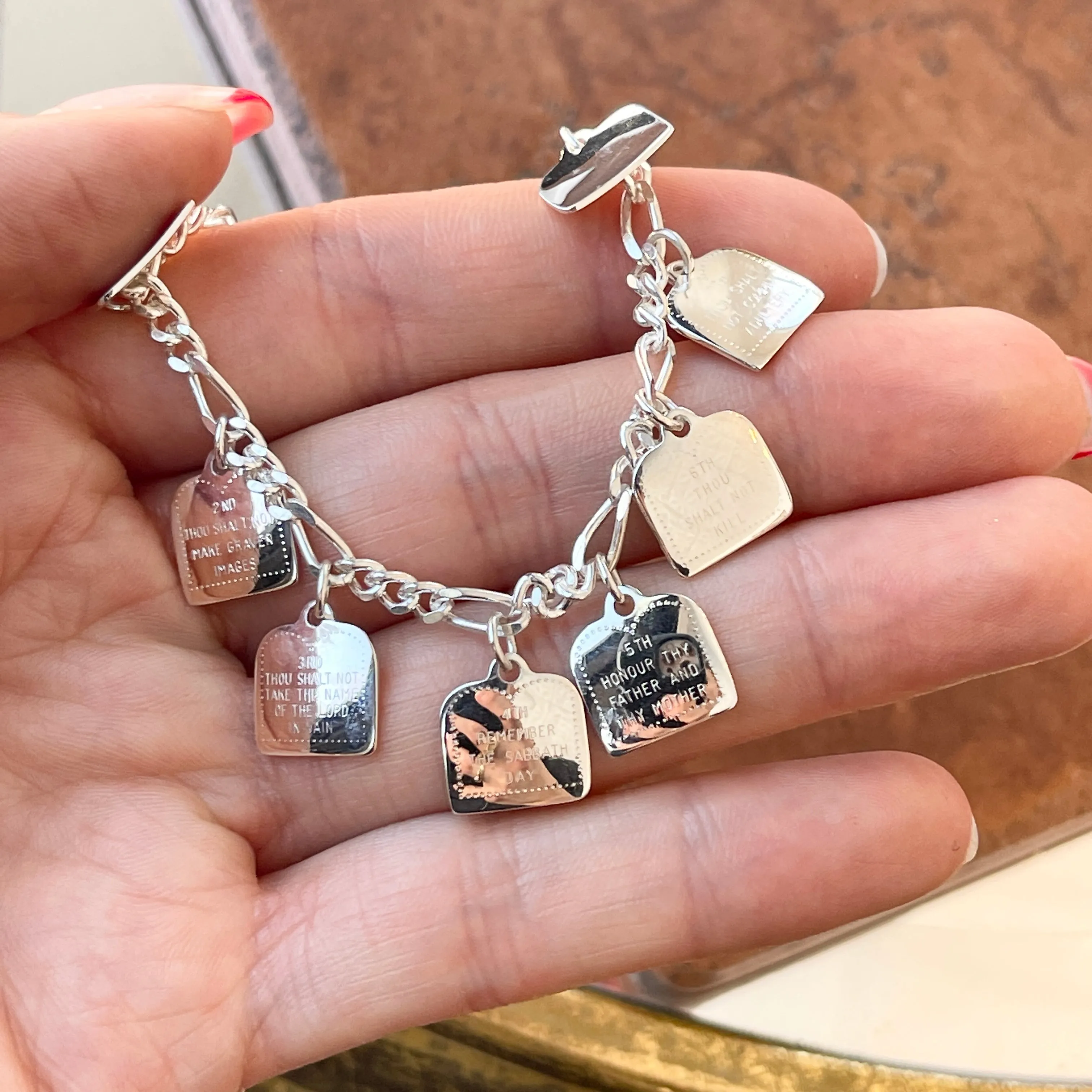 Sterling Silver Polished Ten Commandments Charm Bracelet