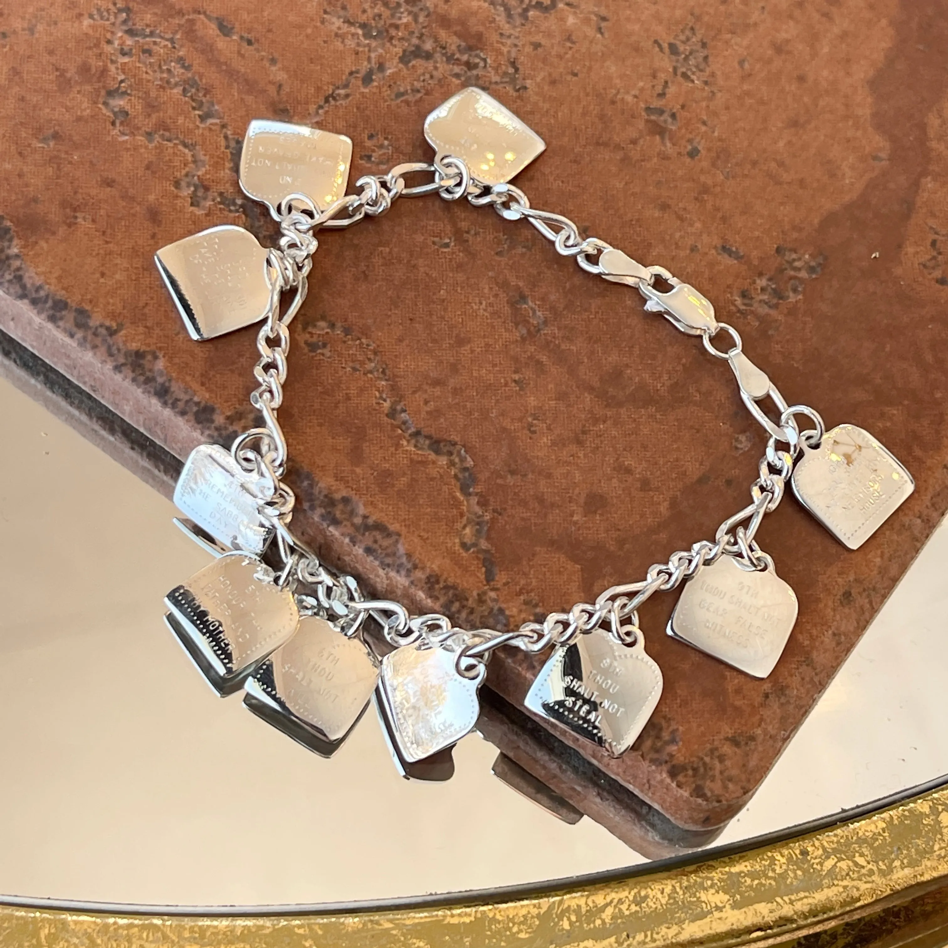 Sterling Silver Polished Ten Commandments Charm Bracelet