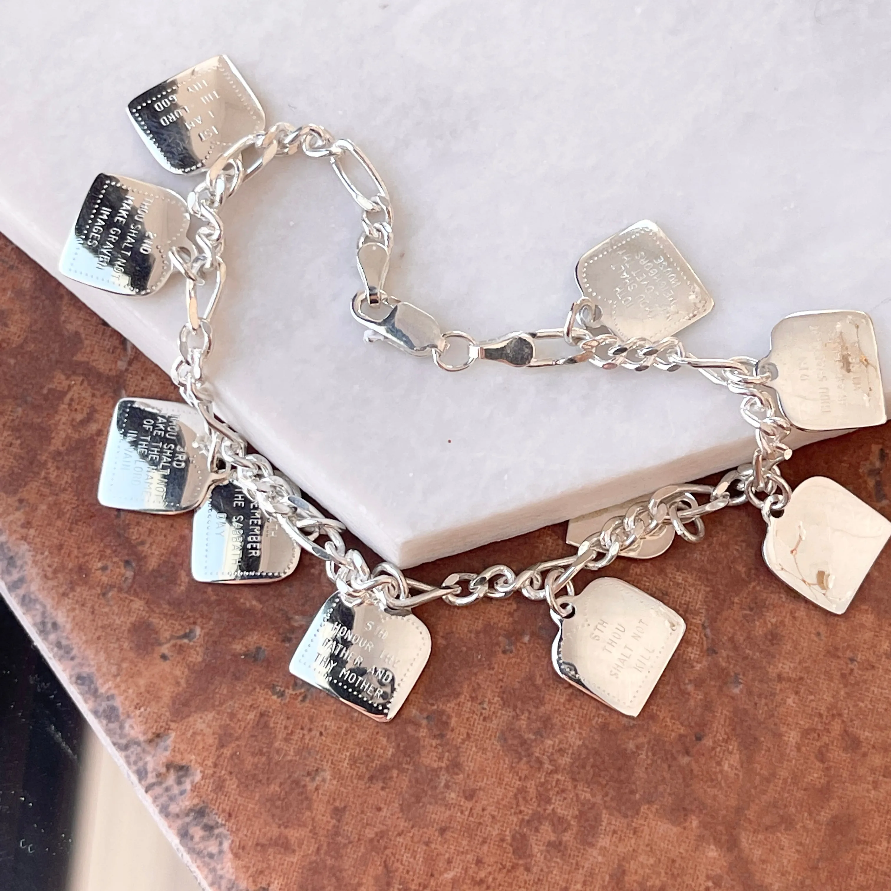 Sterling Silver Polished Ten Commandments Charm Bracelet
