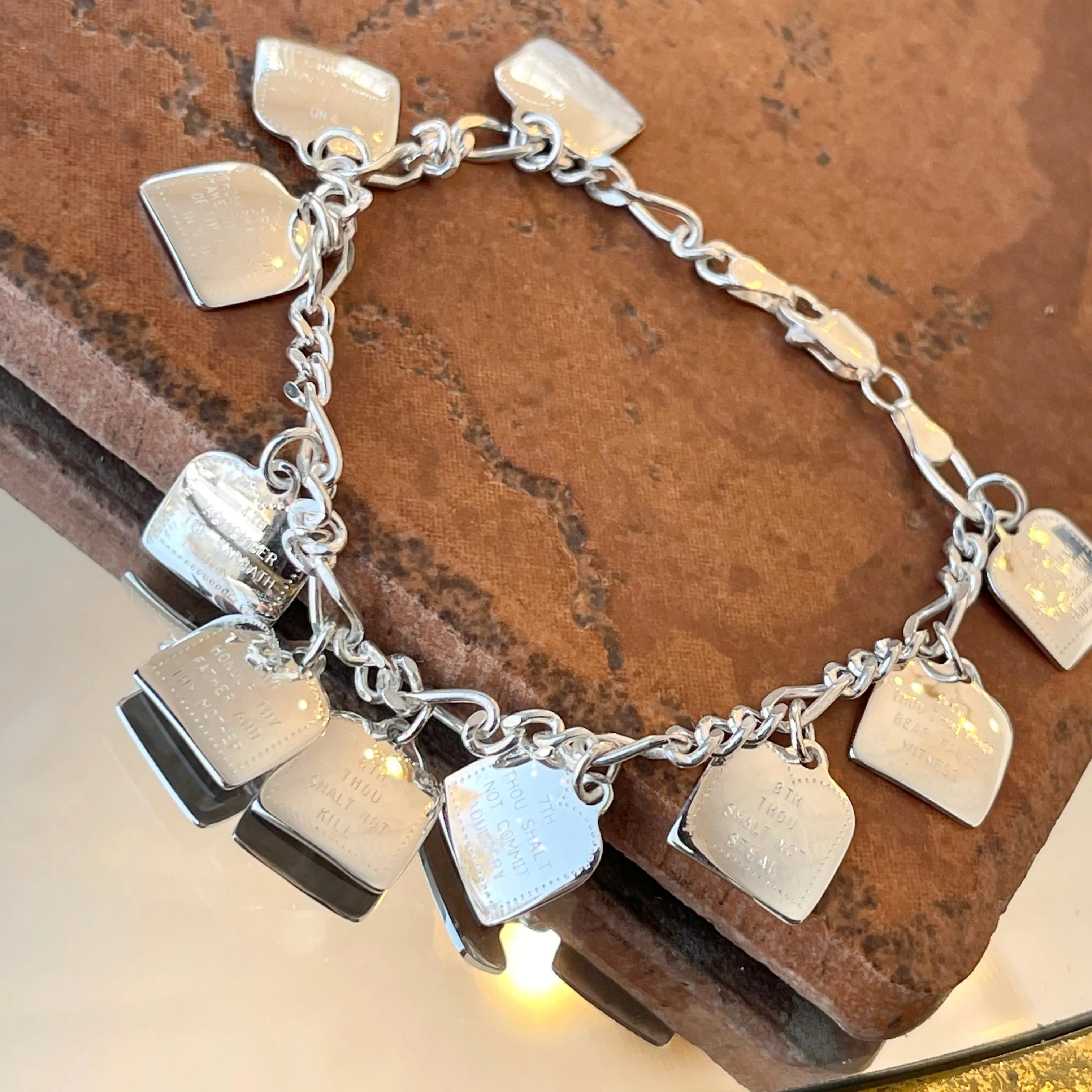 Sterling Silver Polished Ten Commandments Charm Bracelet