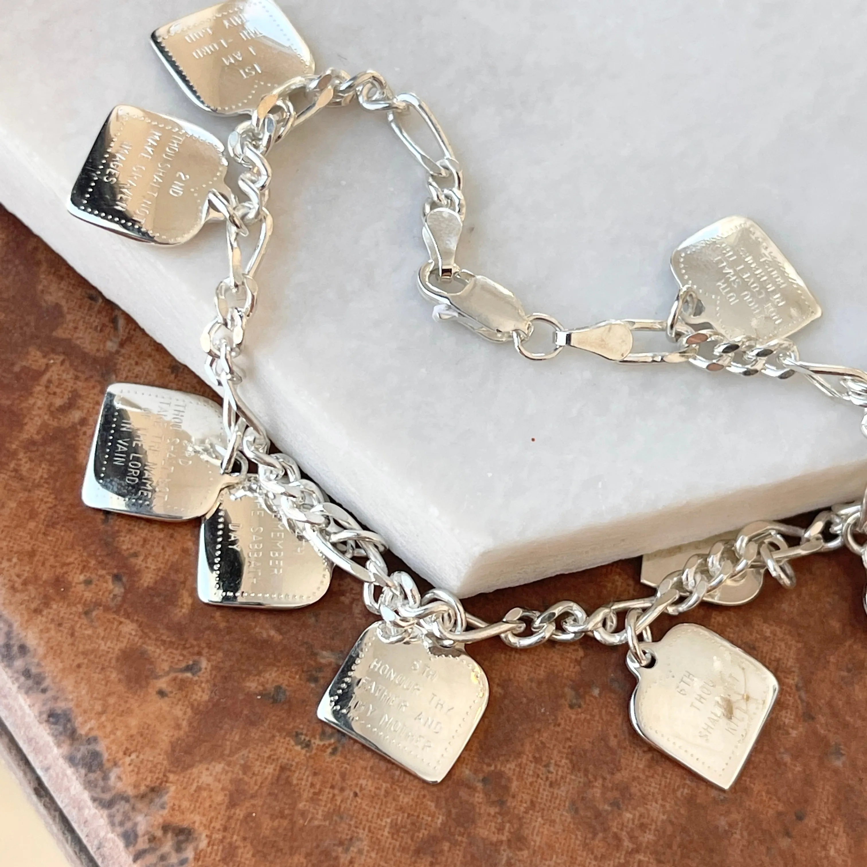 Sterling Silver Polished Ten Commandments Charm Bracelet