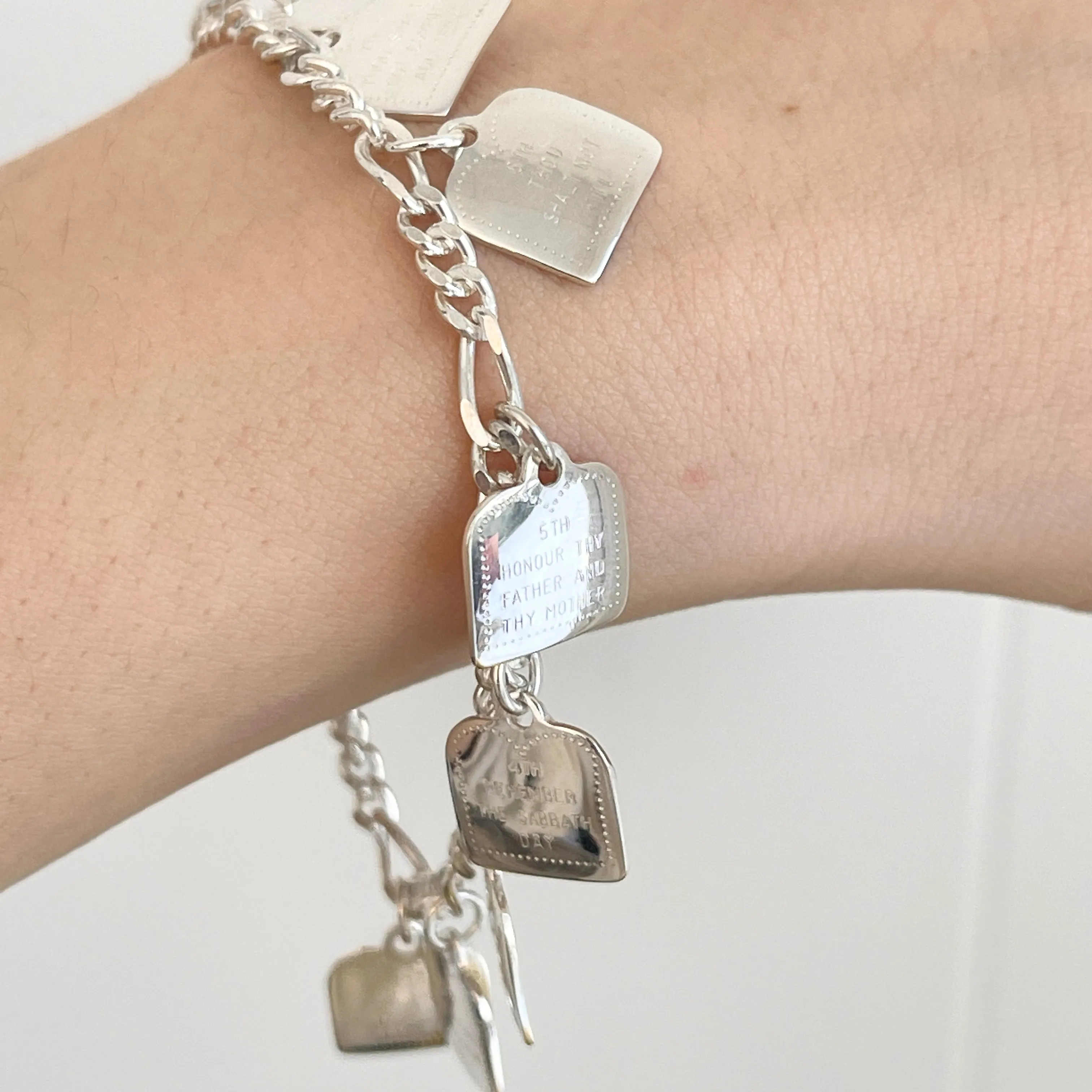 Sterling Silver Polished Ten Commandments Charm Bracelet