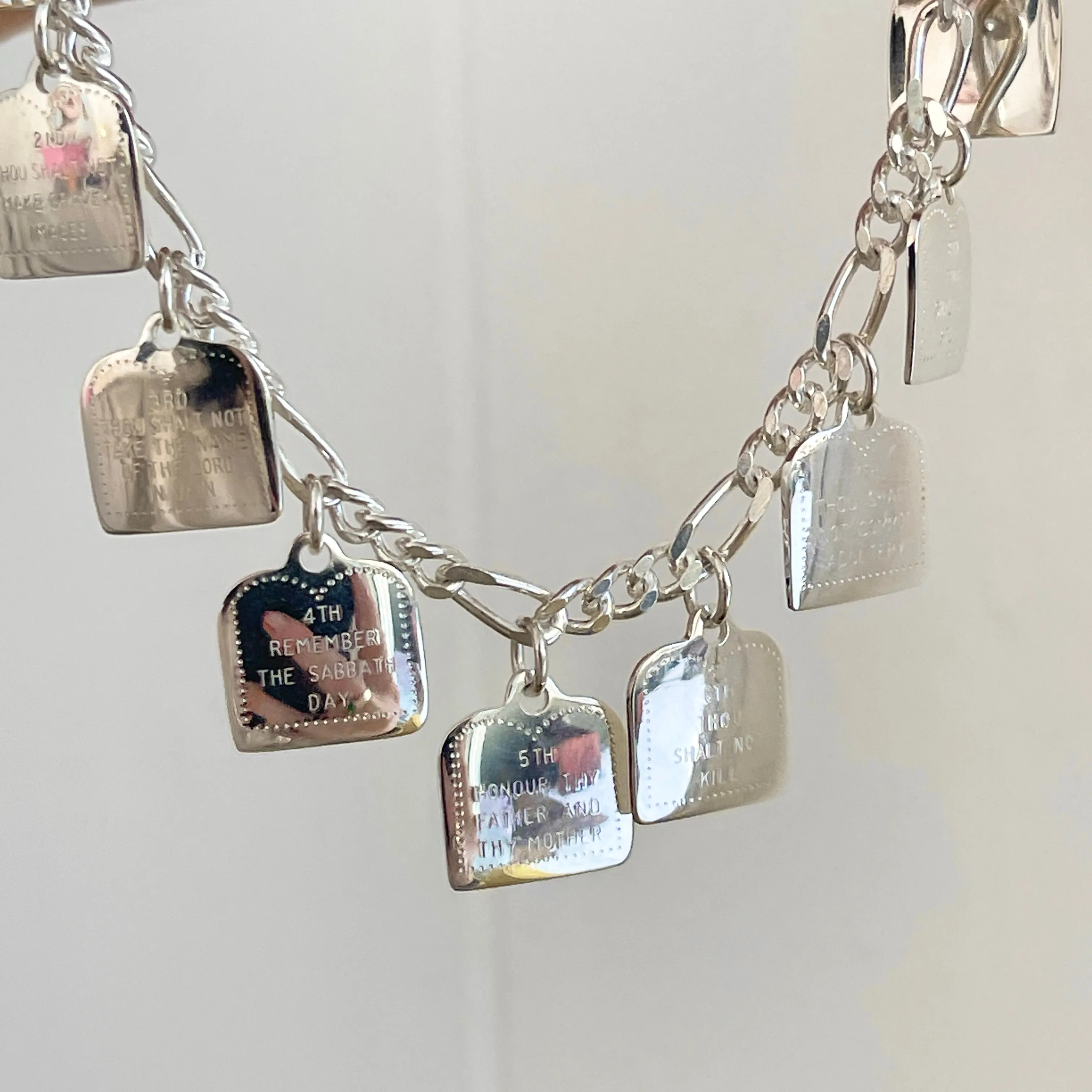 Sterling Silver Polished Ten Commandments Charm Bracelet