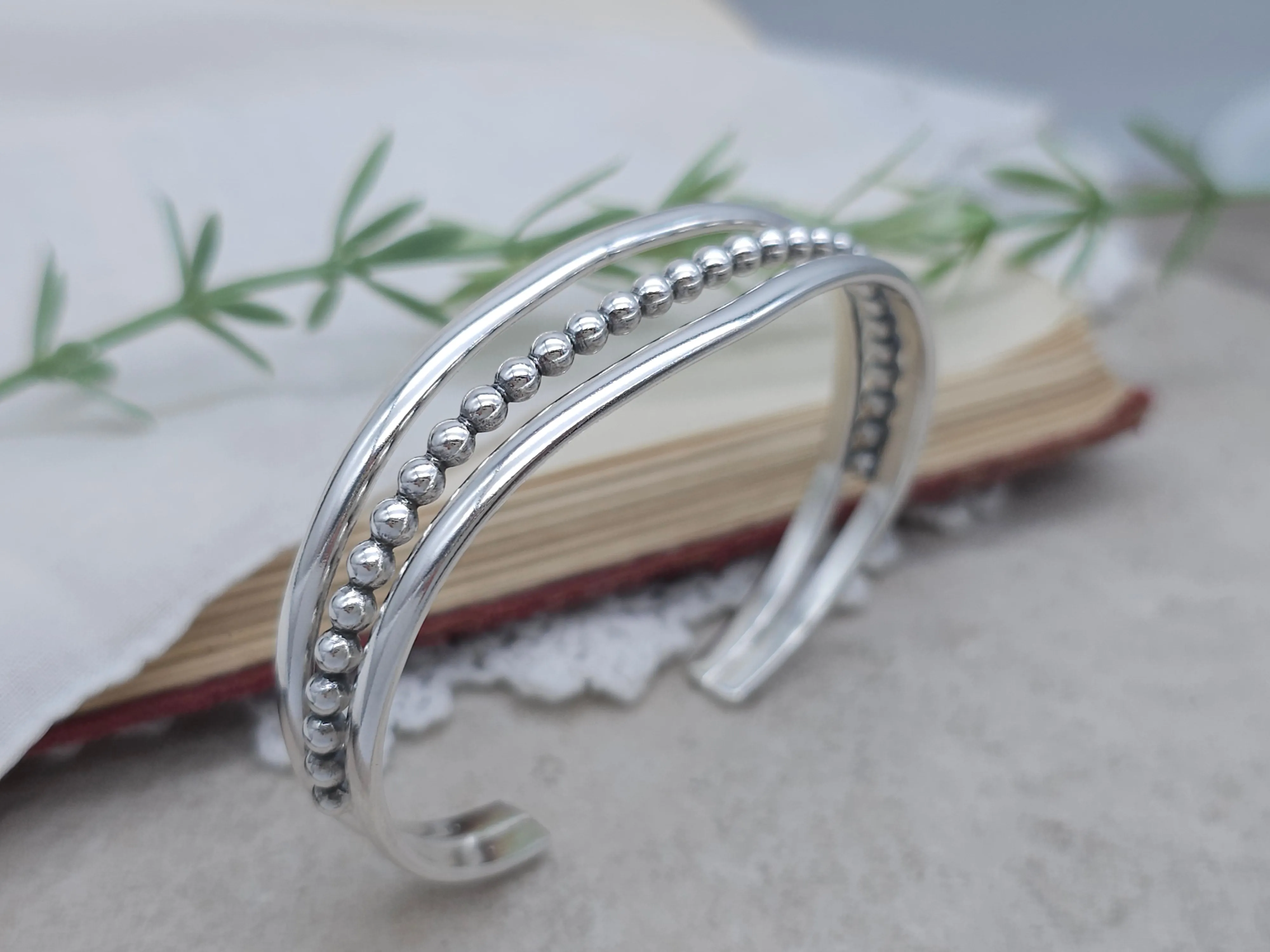 Sterling Silver Triple Band Beaded Cuff