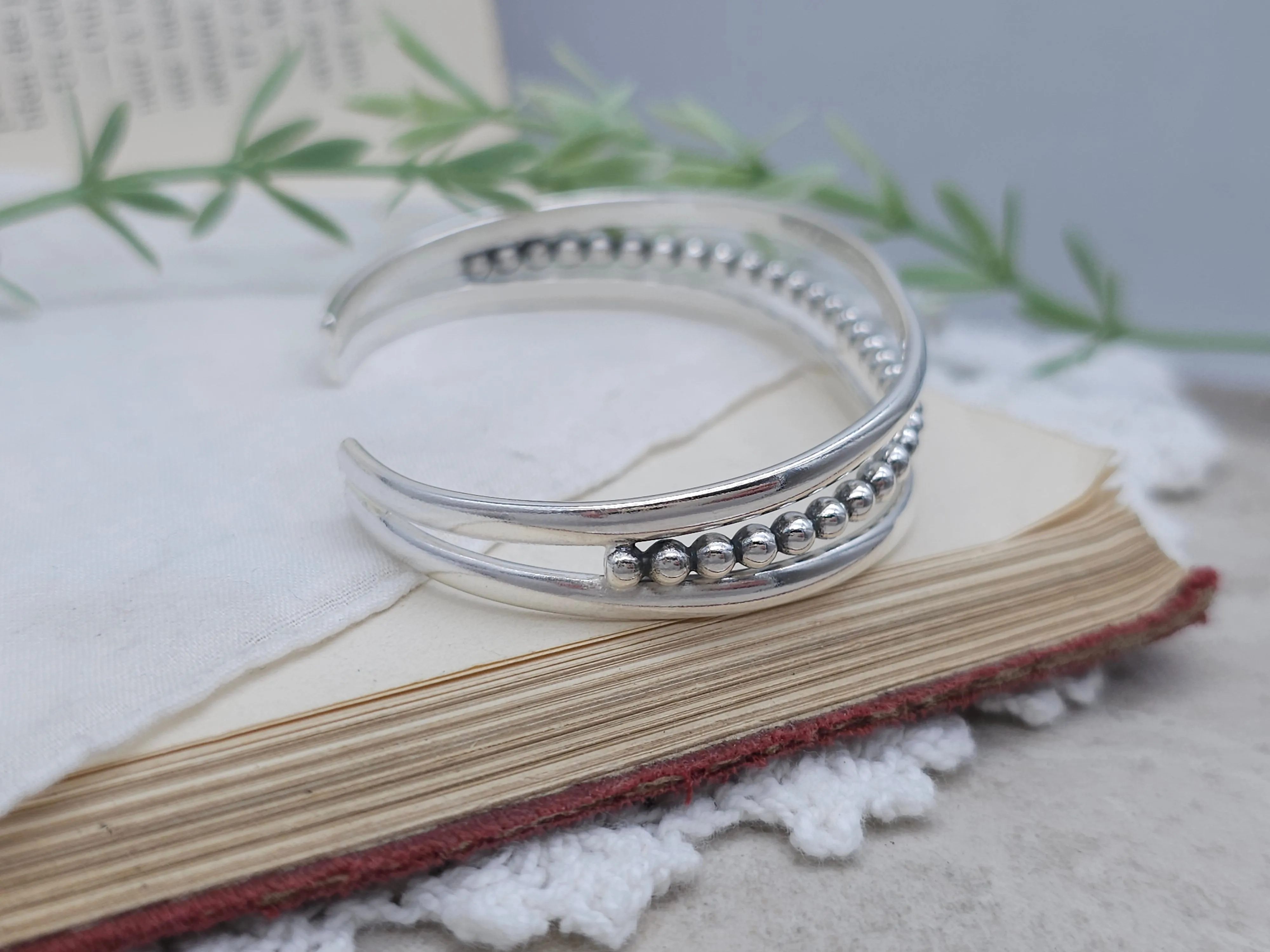 Sterling Silver Triple Band Beaded Cuff