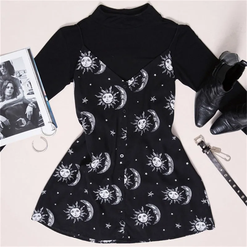 [@strega_salamander] “BLACK SUN & MOON” STRAP DRESS W041303