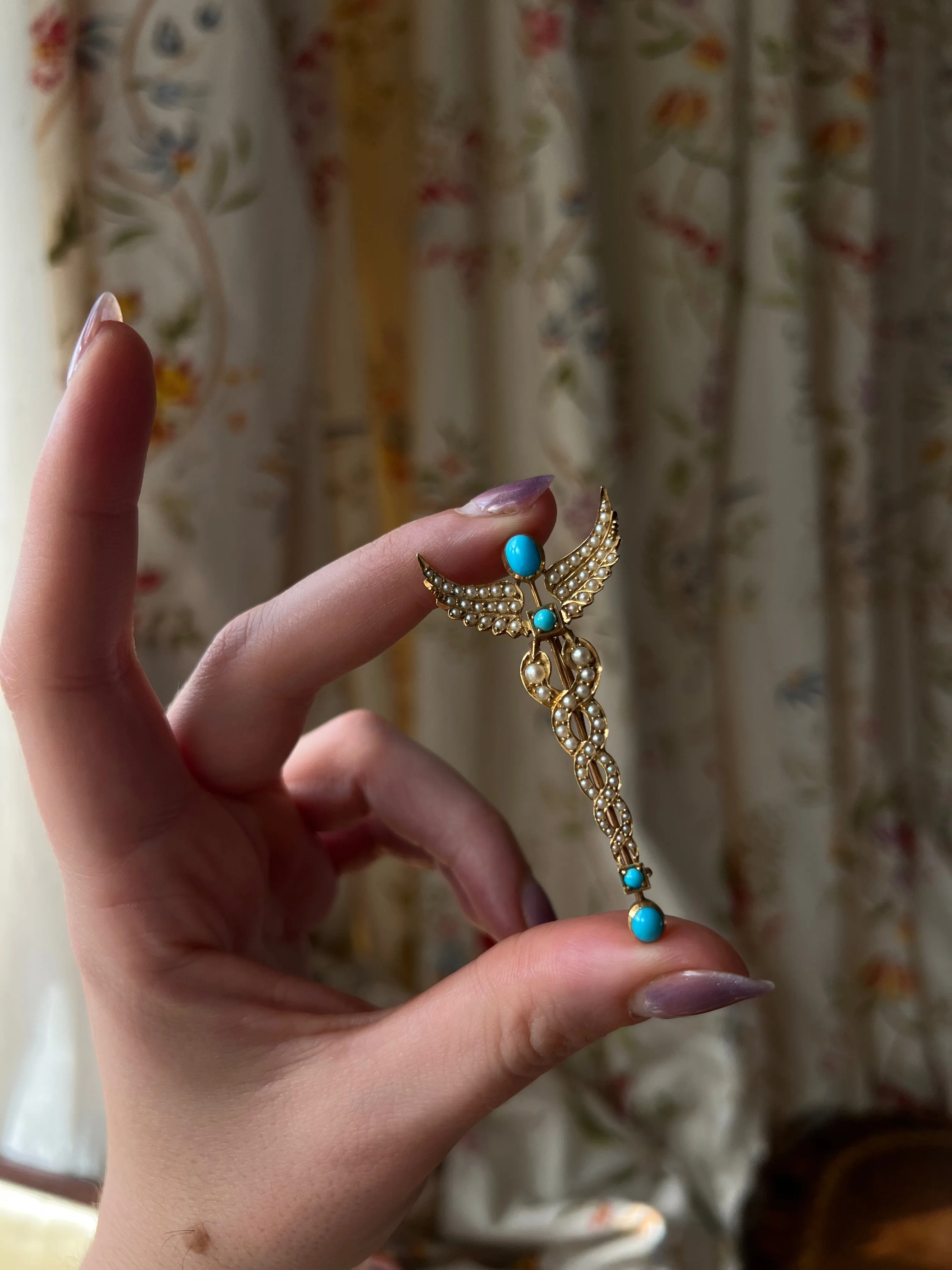 Stunning 18ct Turquoise and Pearl Caduceus Brooch C 1905