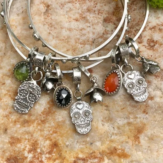 Sugar Skull and Black Onyx sterling silver Bangle Sterling Bracelet
