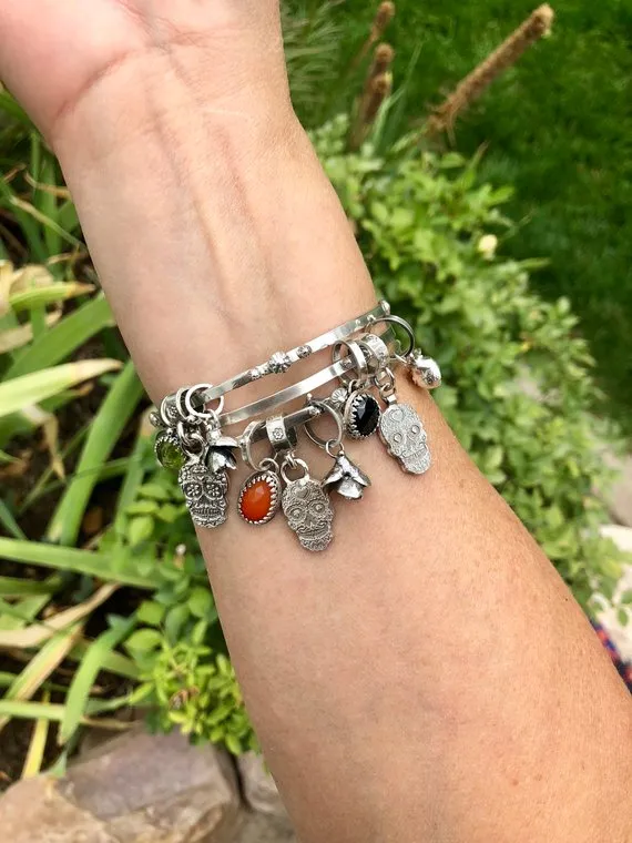 Sugar Skull and Black Onyx sterling silver Bangle Sterling Bracelet