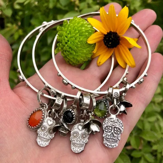 Sugar Skull and Black Onyx sterling silver Bangle Sterling Bracelet