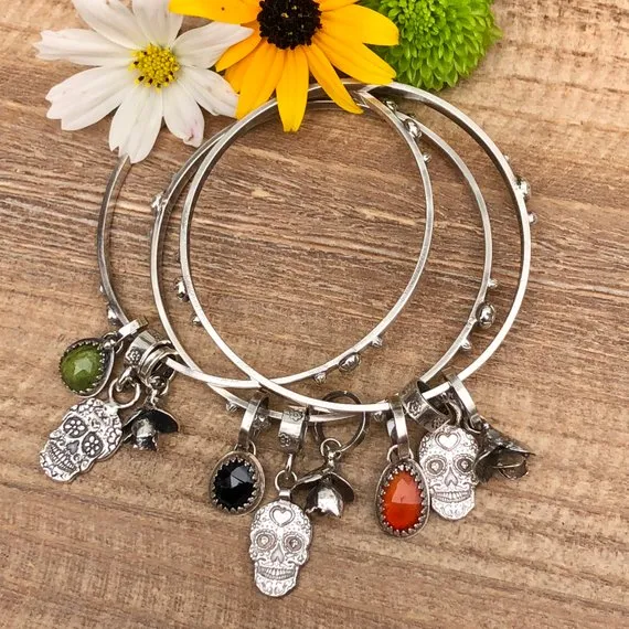 Sugar Skull and Black Onyx sterling silver Bangle Sterling Bracelet