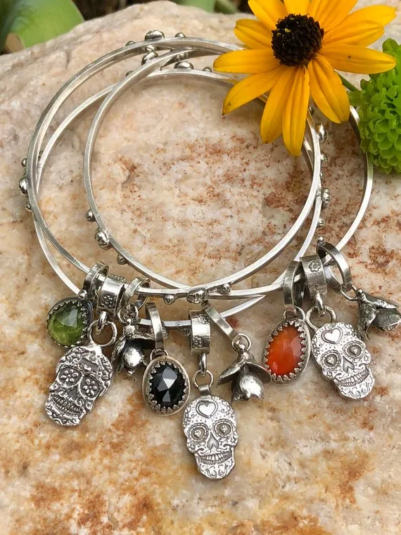 Sugar Skull and Black Onyx sterling silver Bangle Sterling Bracelet