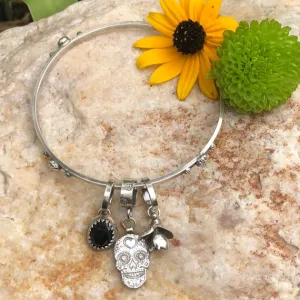 Sugar Skull and Black Onyx sterling silver Bangle Sterling Bracelet