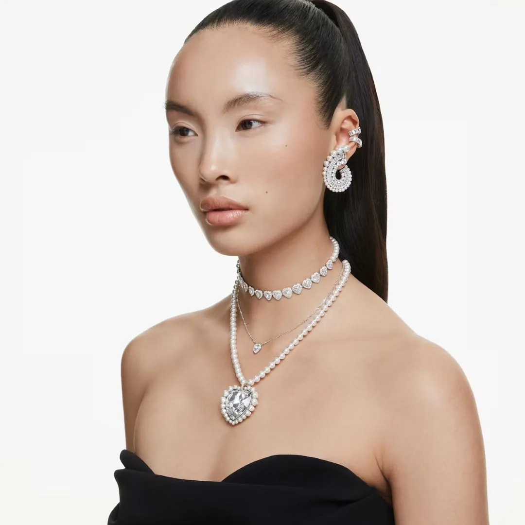 Swarovski x Ariana Grande Tennis Choker Necklace, Rhodium Plated Metal, White Crystals and White Pearls, 5720861