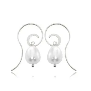 Swirl Curved Wire Hook Pearl Dangle Earrings