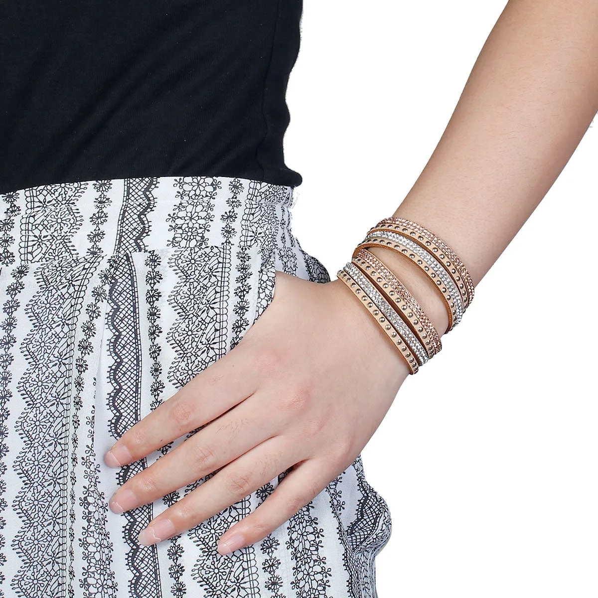 Tan Gold Wrap Adjustable Bracelet Vegan Suede Slake Bracelet Clear Copper Rhinestone Gift