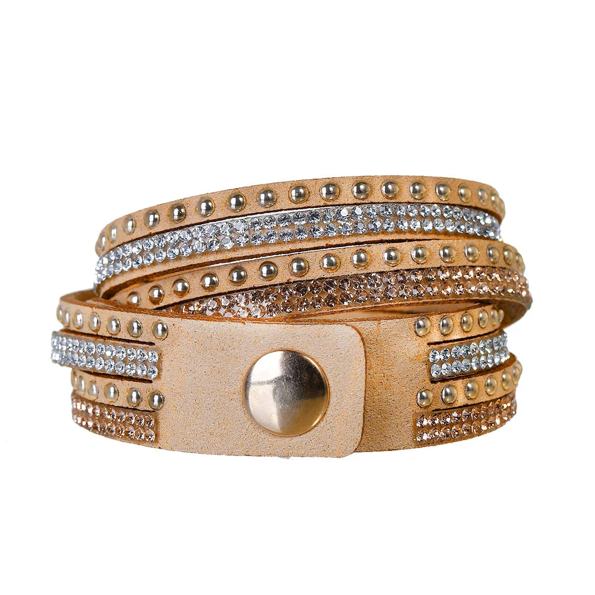 Tan Gold Wrap Adjustable Bracelet Vegan Suede Slake Bracelet Clear Copper Rhinestone Gift
