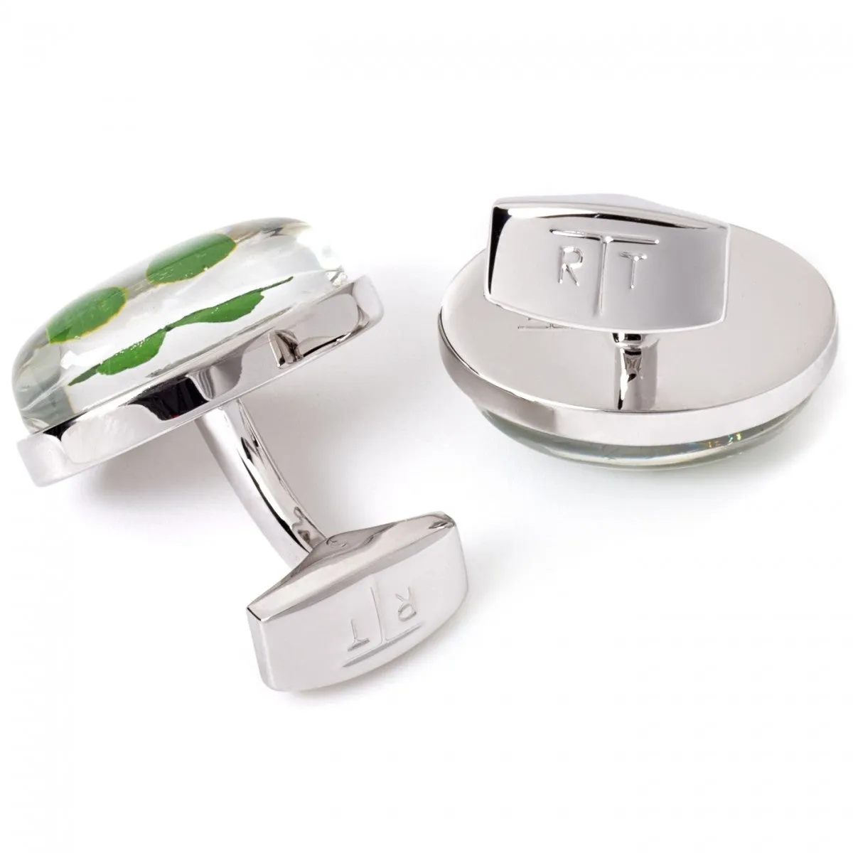 Tateossian Four Leaf Clover Green Cufflinks, Rhodium Silver