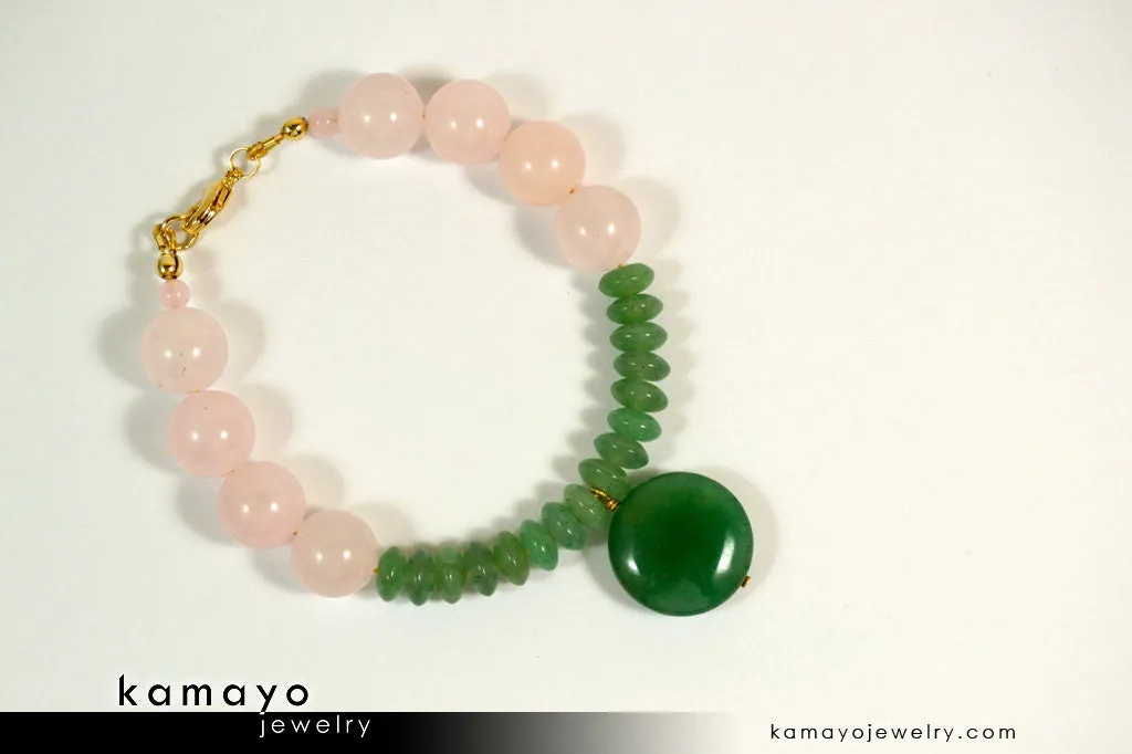 TAURUS BRACELET - Coin Green Aventurine Pendant and Rose Quartz Beads