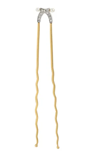 T.B. Starr Edwardian Diamond Pearl Platinum 18 Karat Yellow Gold Antique Wedding Hairpin Hair Piece