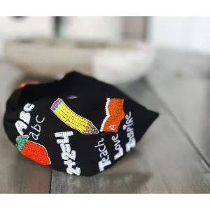 Teacher Seed Beaded Black Top Knot Headband.