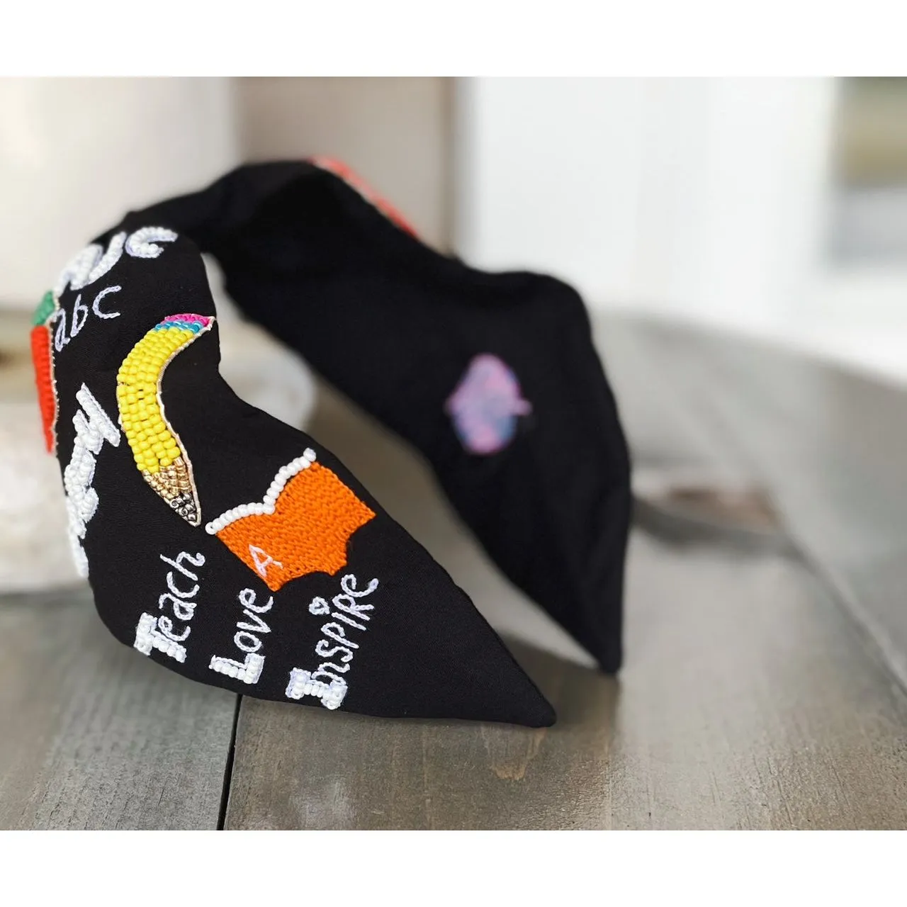 Teacher Seed Beaded Black Top Knot Headband.