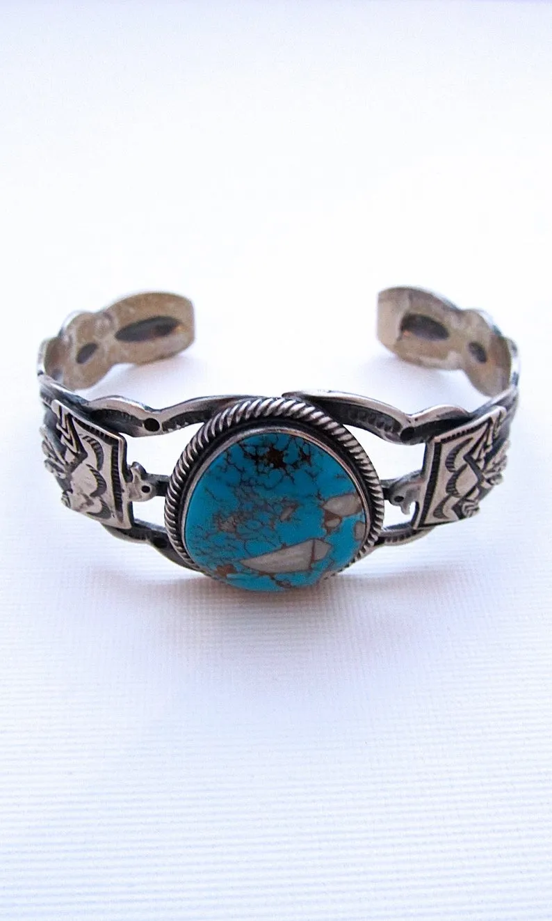 THUNDERBIRD Fred Harvey Style Silver & Turquoise Navajo Cuff