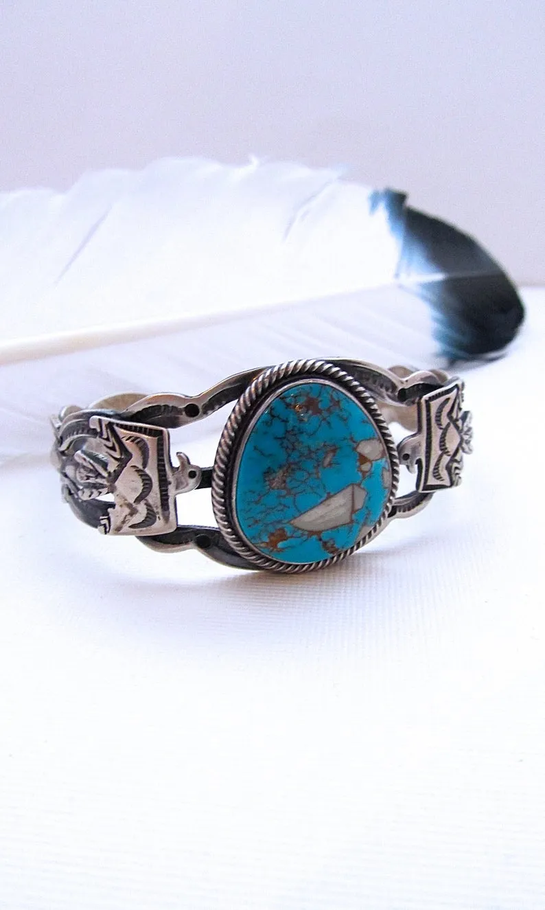 THUNDERBIRD Fred Harvey Style Silver & Turquoise Navajo Cuff