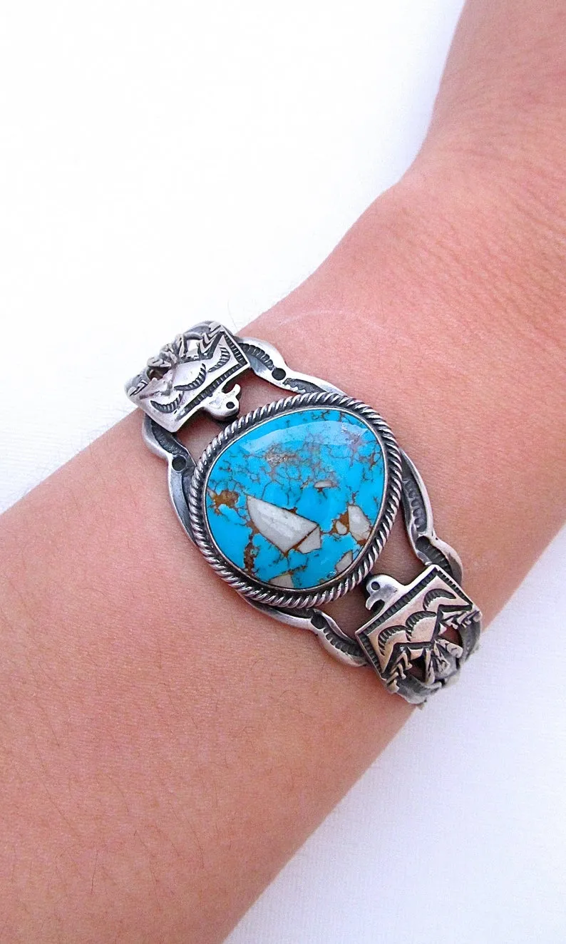 THUNDERBIRD Fred Harvey Style Silver & Turquoise Navajo Cuff