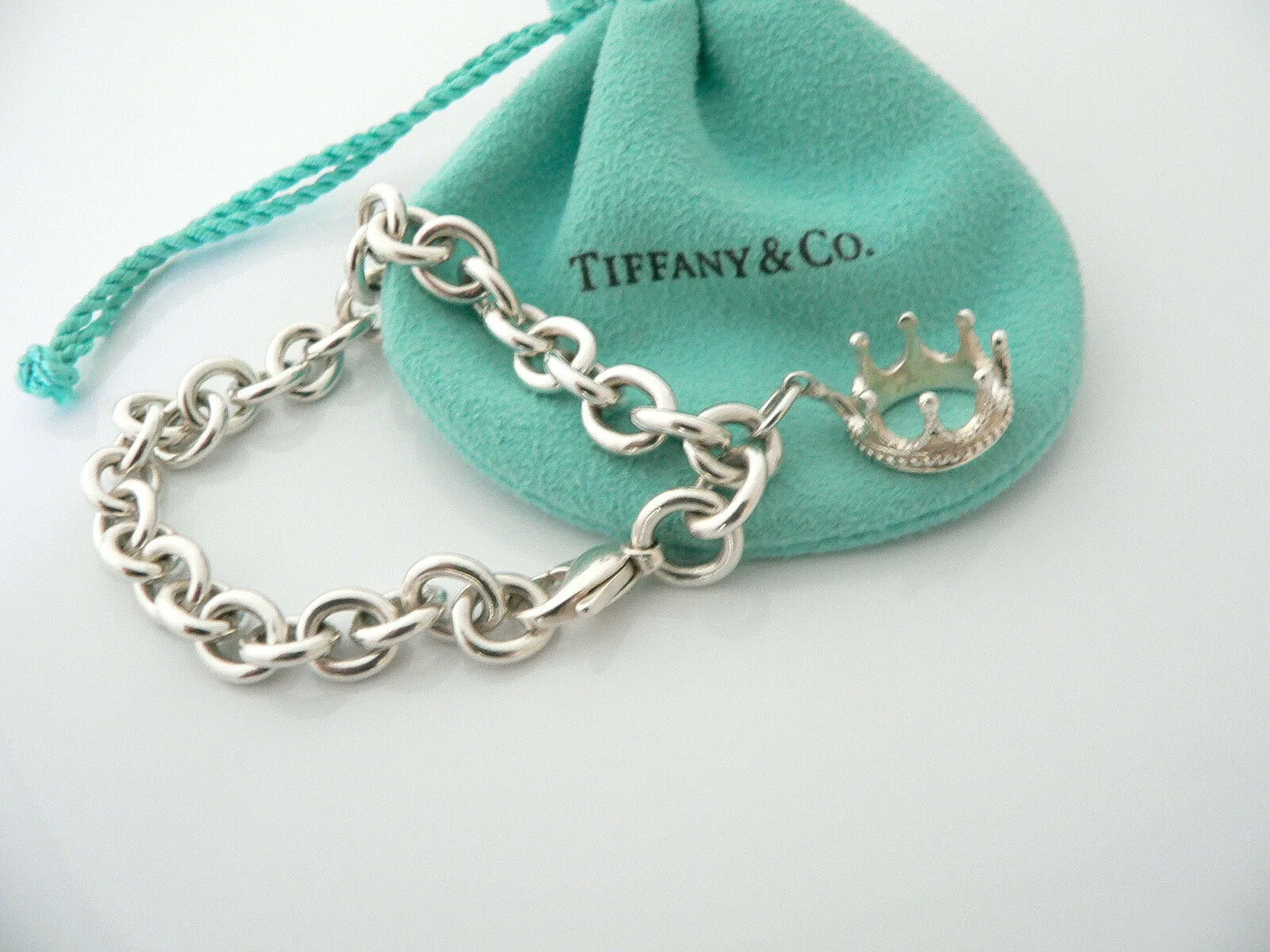 Tiffany & Co Silver Crown Princess Bracelet Charm Attached Gift Pouch Love