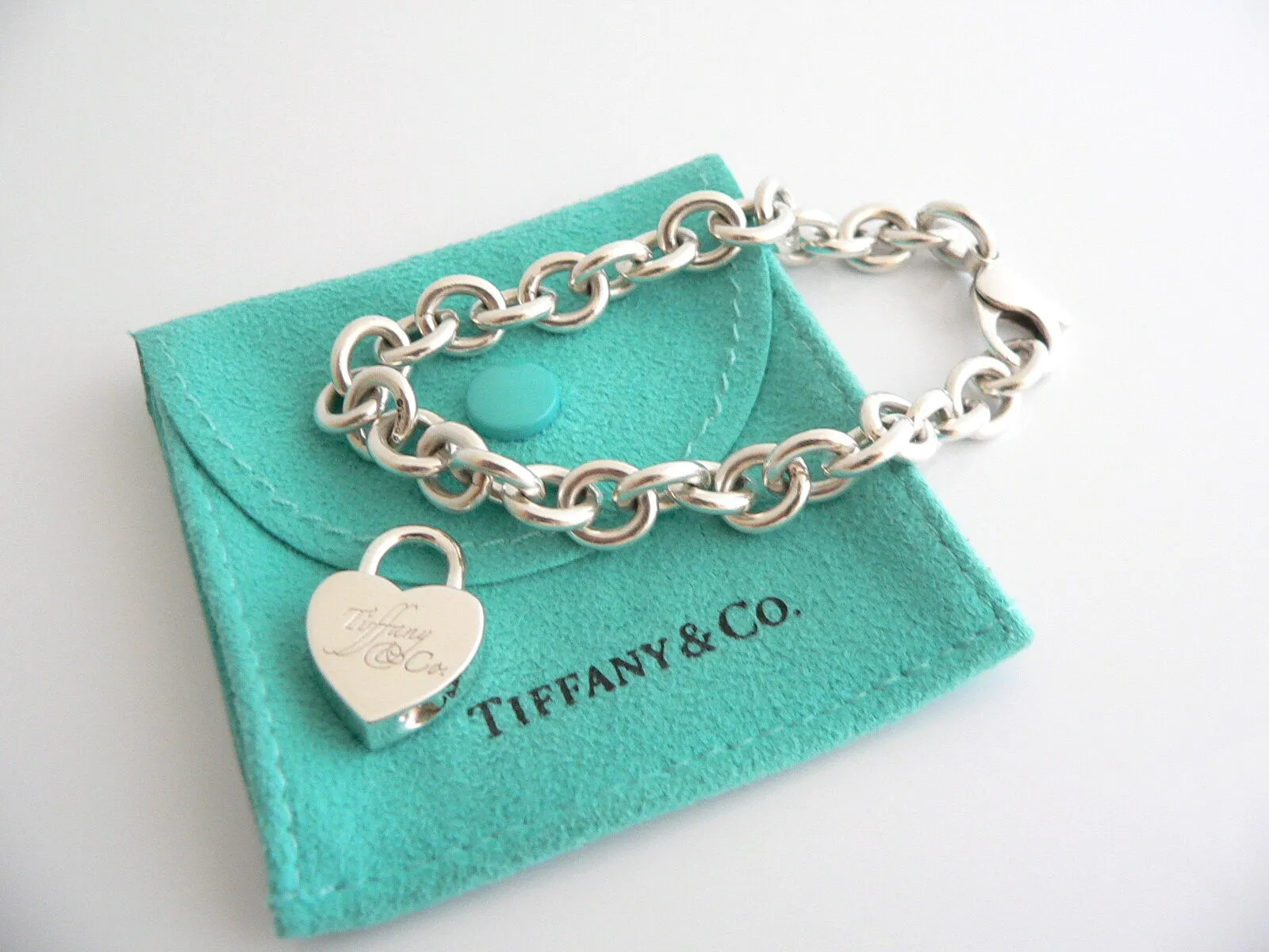 Tiffany & Co Silver Notes Heart Padlock Charm Bracelet Bangle 7.4 Inch Gift Love