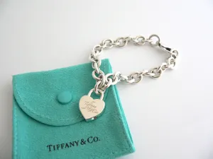 Tiffany & Co Silver Notes Heart Padlock Charm Bracelet Bangle 7.4 Inch Gift Love