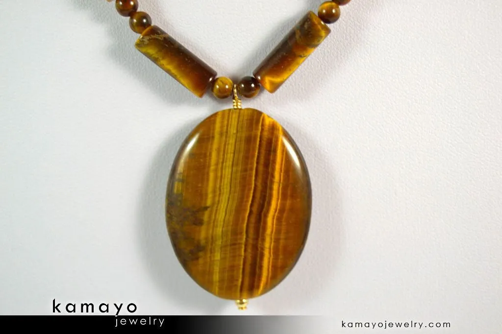 TIGER EYE NECKLACE - Large Oval Yellow Pendant and Golden Beads