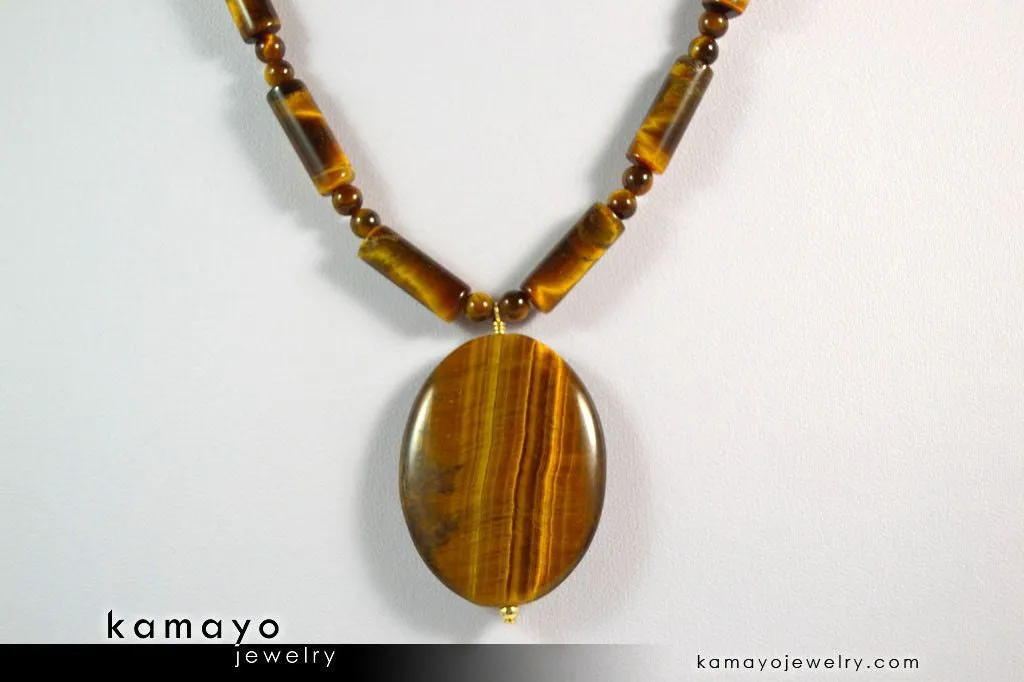 TIGER EYE NECKLACE - Large Oval Yellow Pendant and Golden Beads