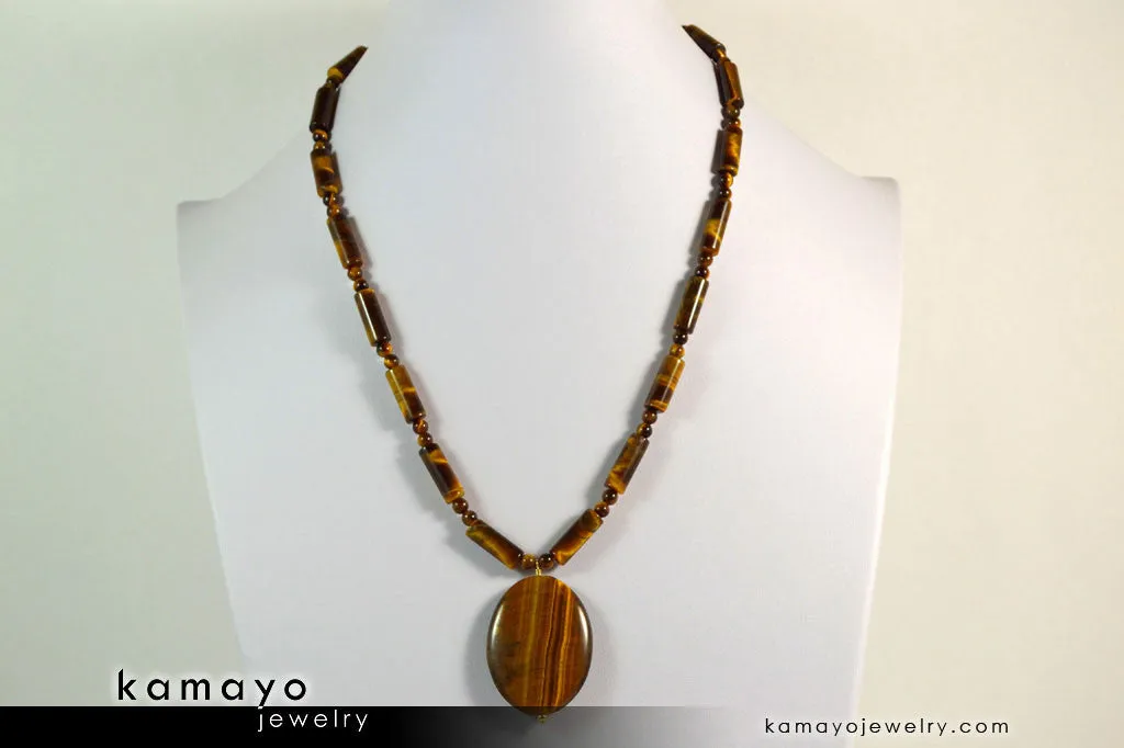 TIGER EYE NECKLACE - Large Oval Yellow Pendant and Golden Beads