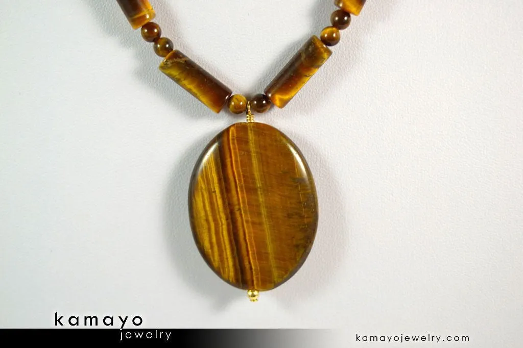 TIGER EYE NECKLACE - Large Oval Yellow Pendant and Golden Beads