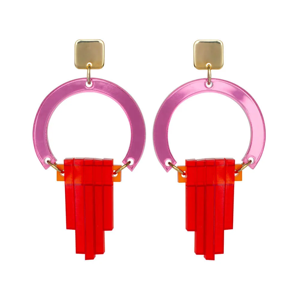 TooLally Art Deco Chandeliers Earrings - Pink Red Mirror